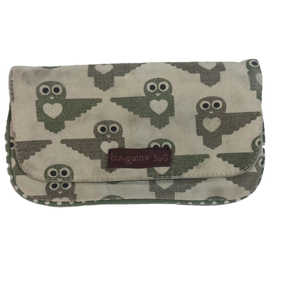Bungalow 360 Wristlet Owl Birds Beige Brown Green Hearts Polka Dot Lined